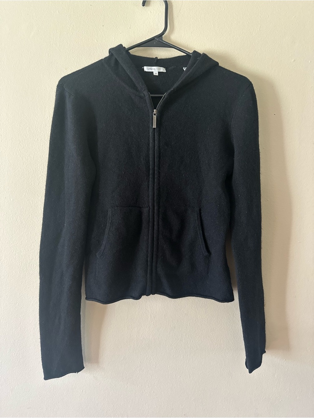 Vince Wool Cashmere Blend Black Zip Front Hooded Sweater, Sz M